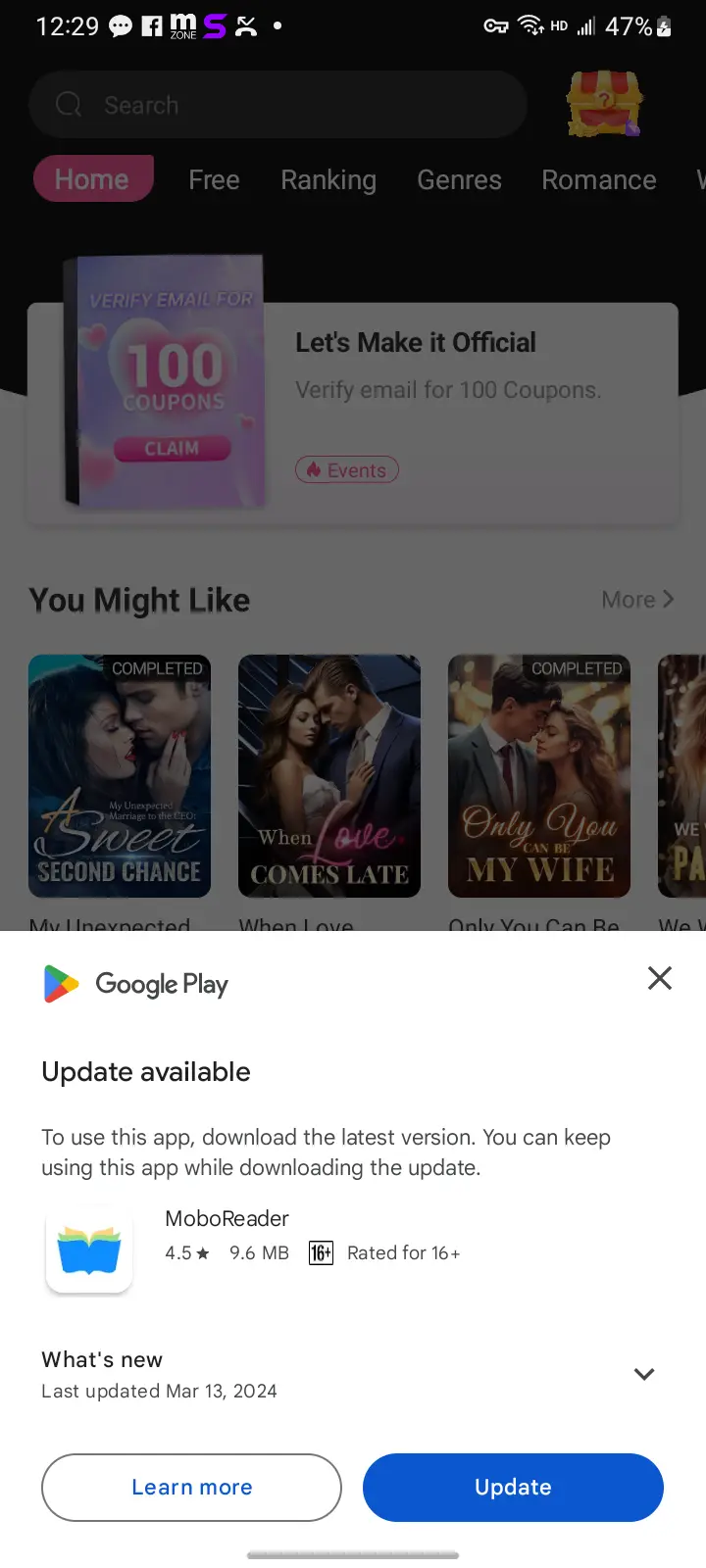 MoboReader 首页 Google Play 升级提示弹窗_2024 03 23